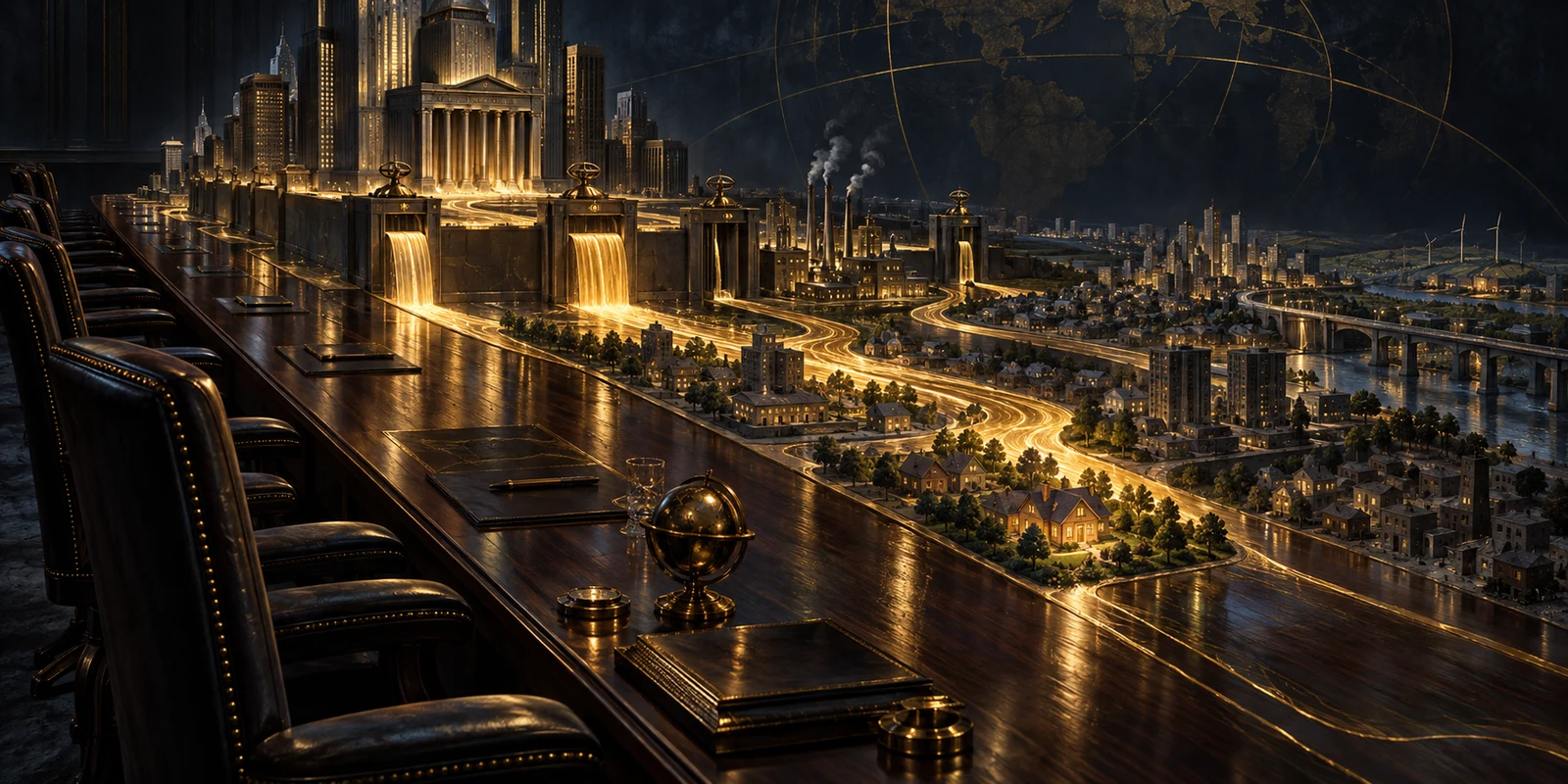 Editorial illustration: an enormous boardroom table becomes a city, while brass gates direct streams of gold toward some districts and away from others.