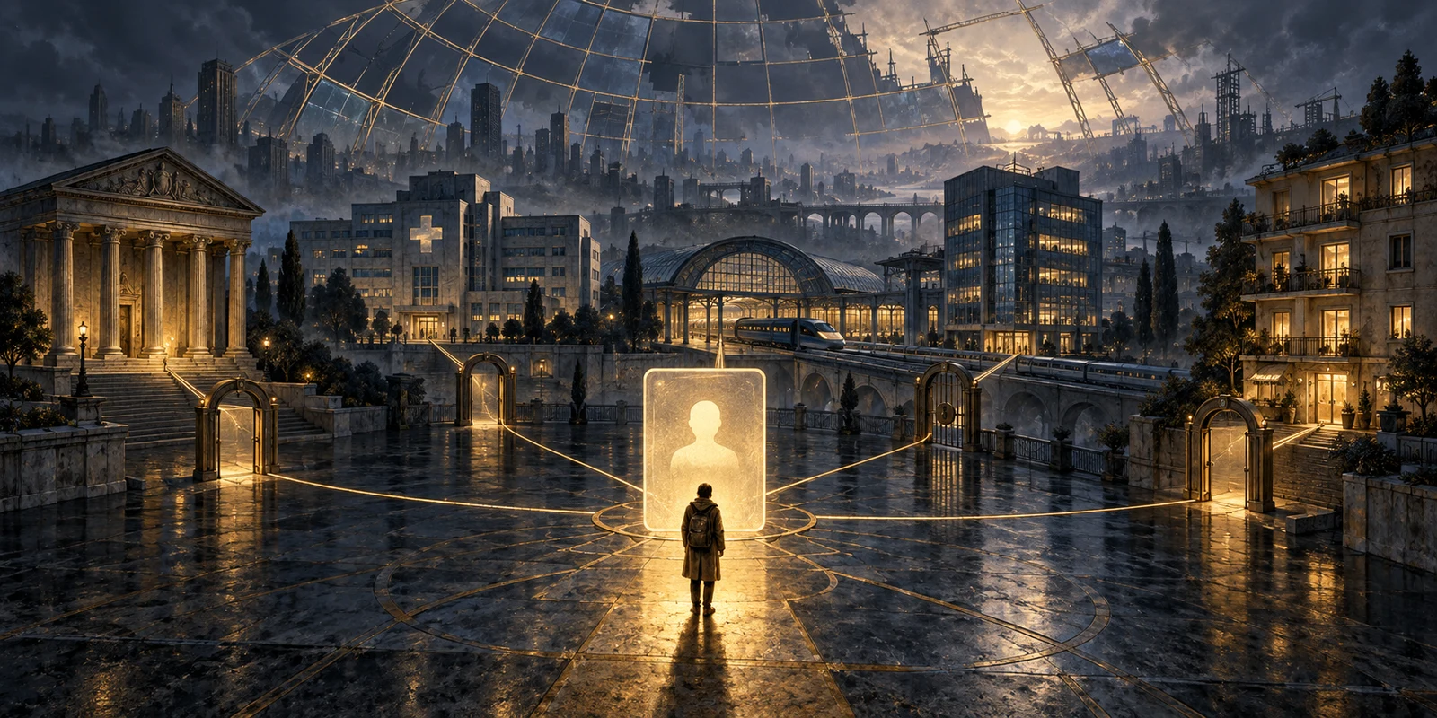 Speculative editorial illustration: a person faces an identity panel connected to banks, hospitals, transport and homes through gates beneath an unfinished digital canopy.