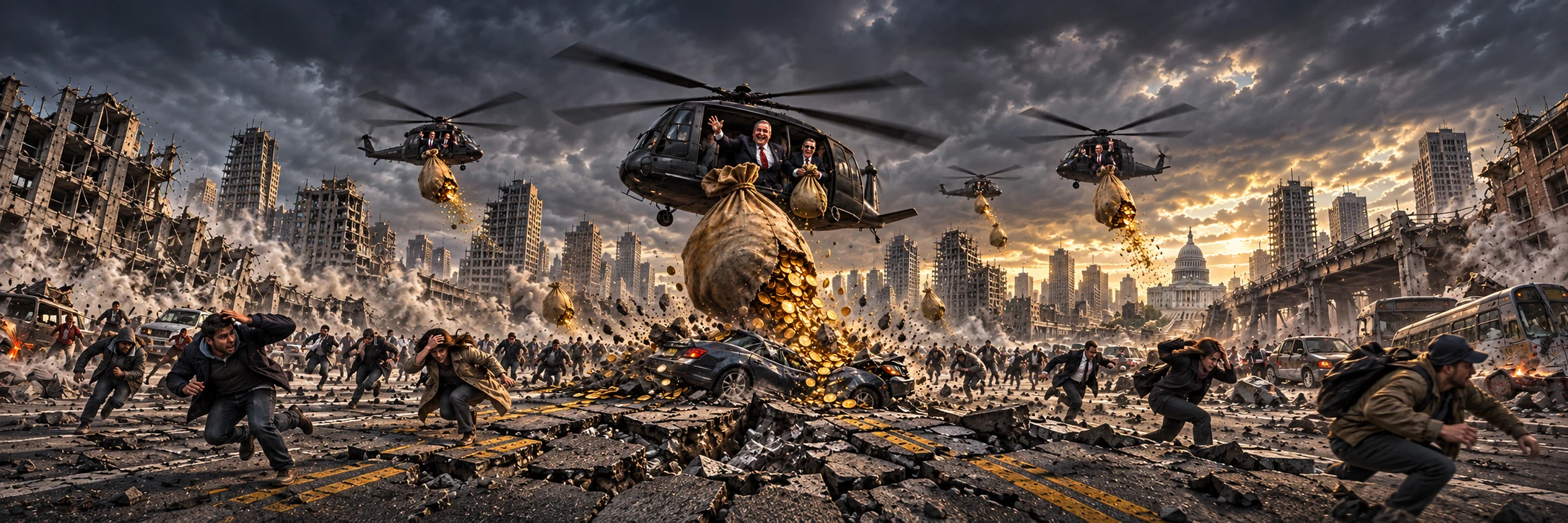 Political satire: smiling politicians drop enormous sacks of gold from helicopters onto a crumbling city, crushing cars as people flee the falling sacks and rubble.