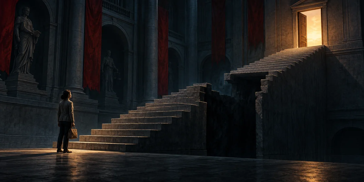 Symbolic illustration of a worker facing a staircase with missing steps between the floor and an open, warmly lit doorway.