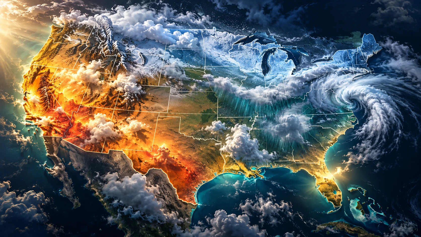 Conceptual U.S. weather illustration with golden heat, icy blue states, rain clouds and snow