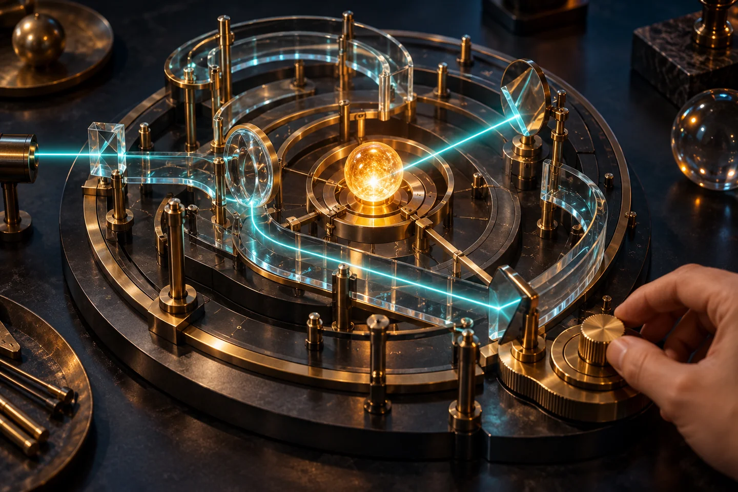 A hand adjusts a brass dial on an imagined glass instrument, redirecting teal light toward a glowing amber target.